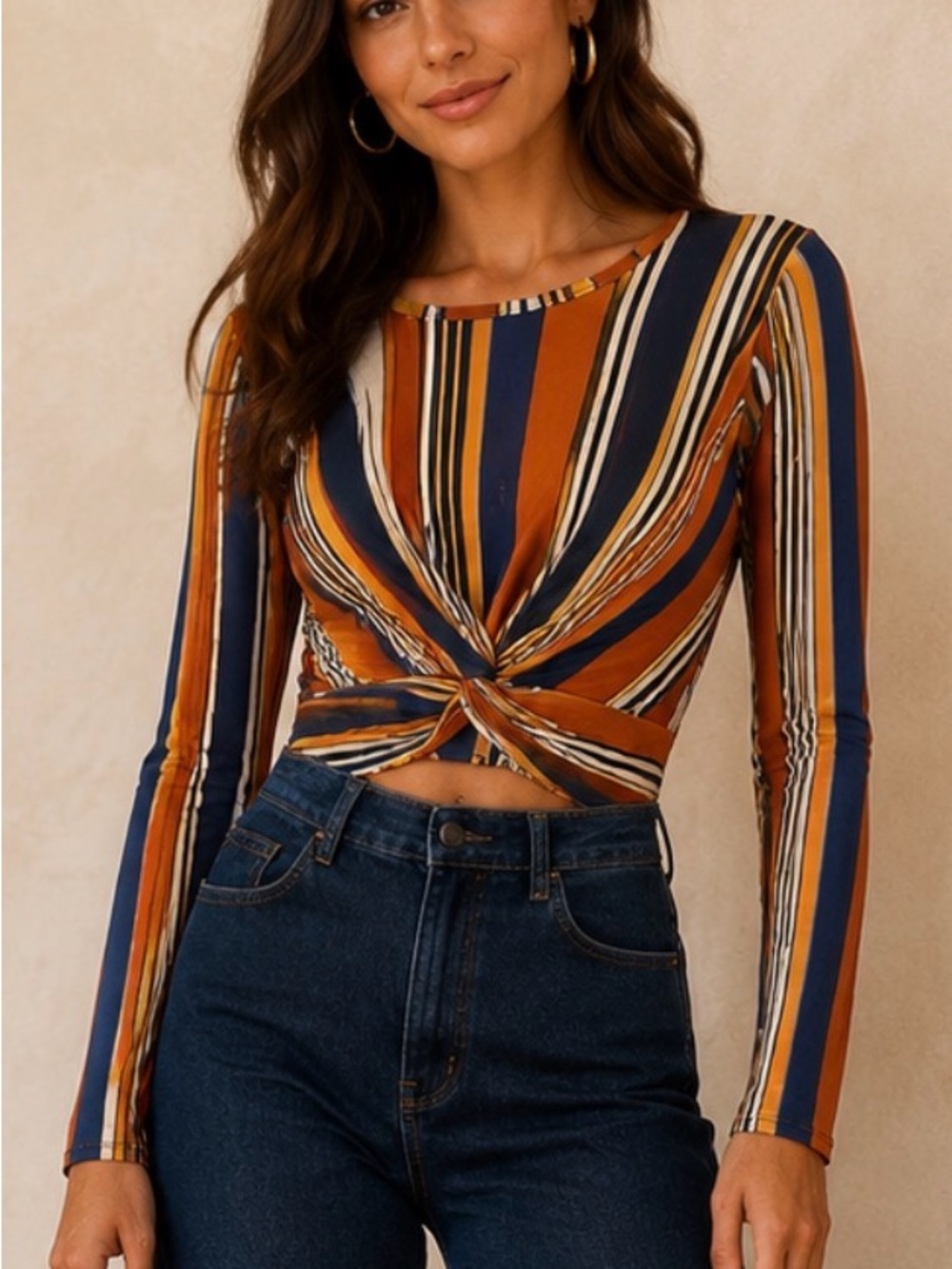 gaze Twist-Front Long Sleeve Crop Top - Rust & Navy Stripes